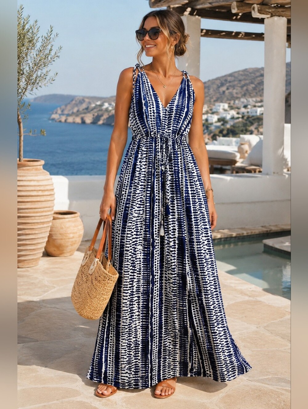 Ivanka Trump Blue & White Printed Maxi Dress Size 8 NWOT Flowy Resort Style